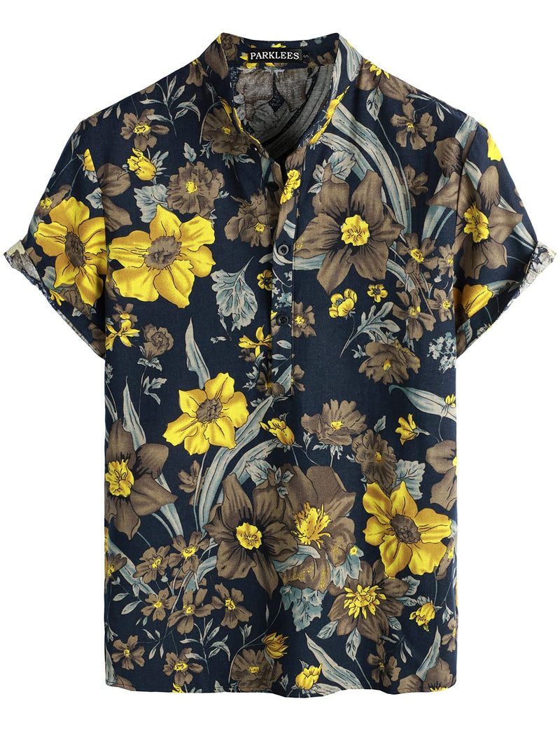 Cotton Linen Floral Print Casual Short Sleeve Grandad Collar Shirt