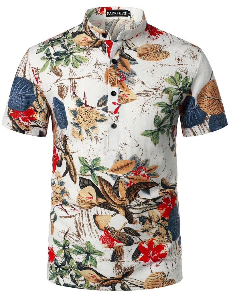 Cotton Linen Floral Print Casual Short Sleeve Grandad Collar Shirt