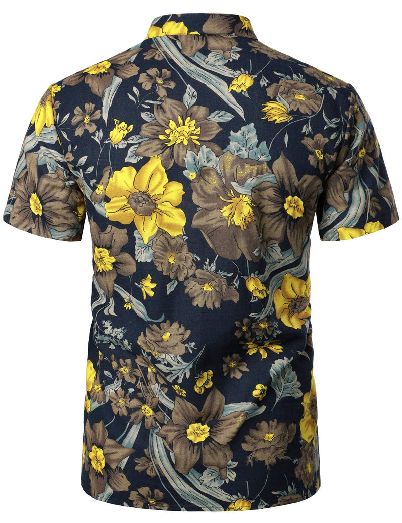 Cotton Linen Floral Print Casual Short Sleeve Grandad Collar Shirt