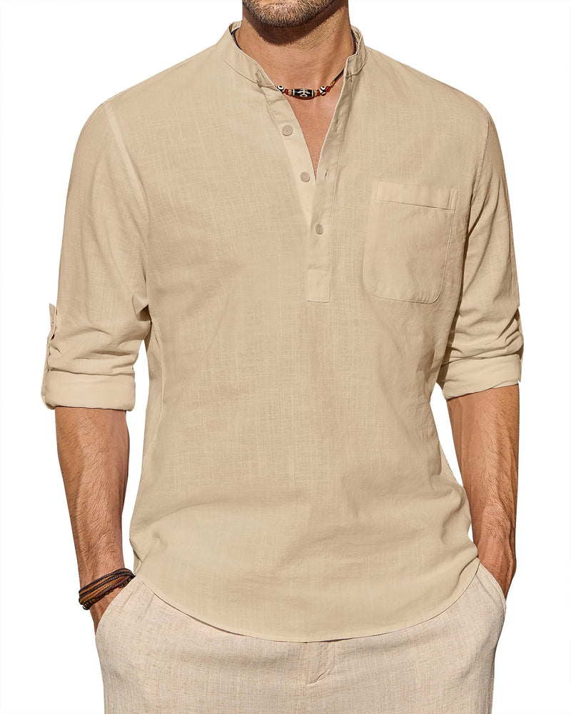 Linen Roll Up Long Sleeve Shirt Cotton Casual Beach Shirts