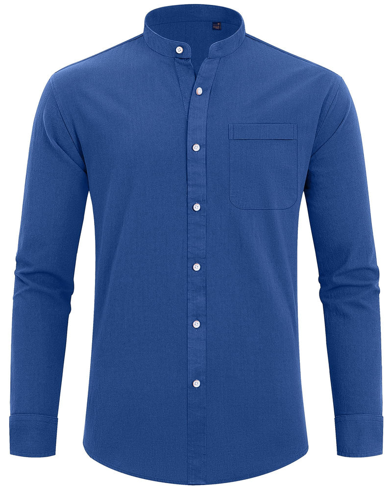 Cotton Linen Long Sleeve Casual Button Down Banded Collar Shirt