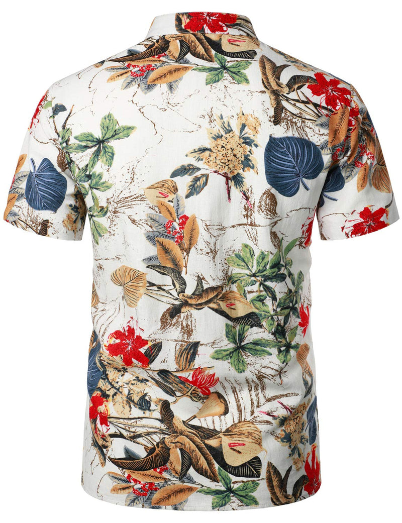 Cotton Linen Floral Print Casual Short Sleeve Grandad Collar Shirt