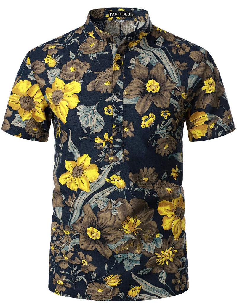 Cotton Linen Floral Print Casual Short Sleeve Grandad Collar Shirt