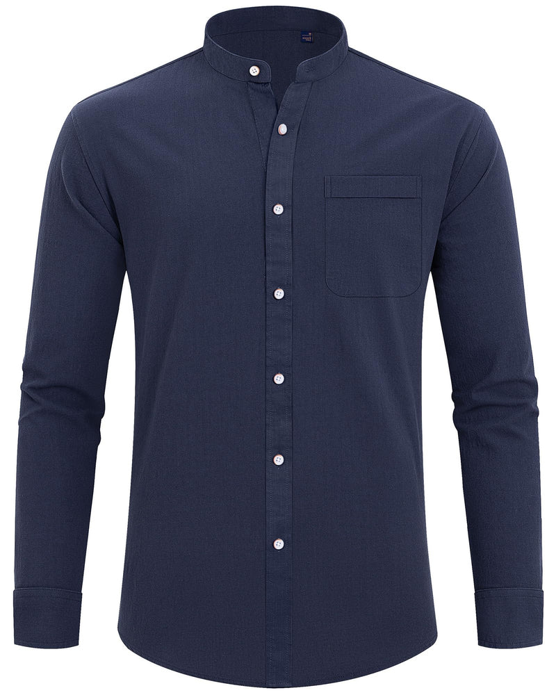 Cotton Linen Long Sleeve Casual Button Down Banded Collar Shirt