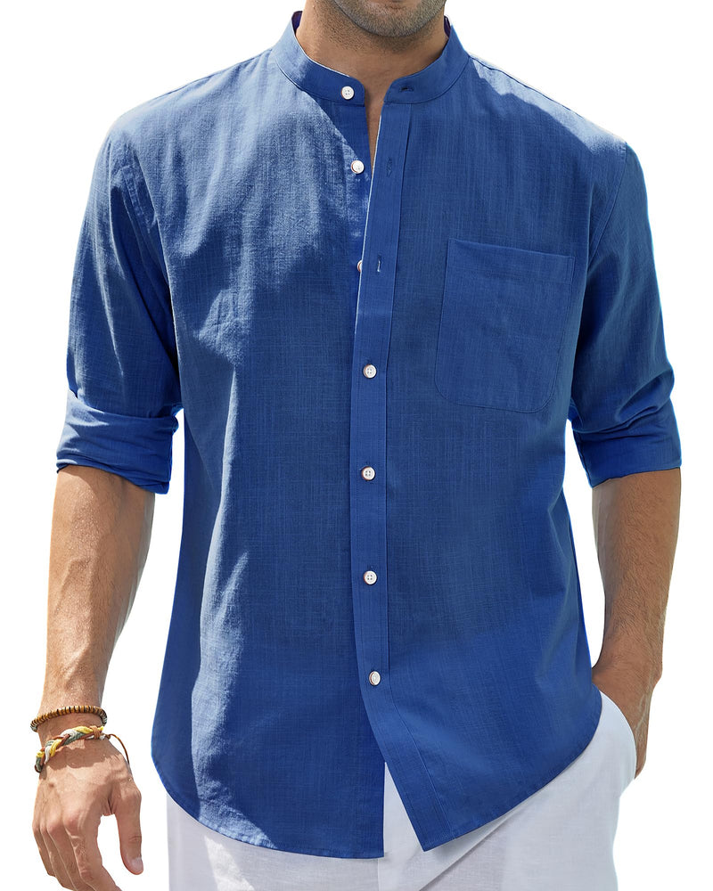 Cotton Linen Long Sleeve Casual Button Down Banded Collar Shirt