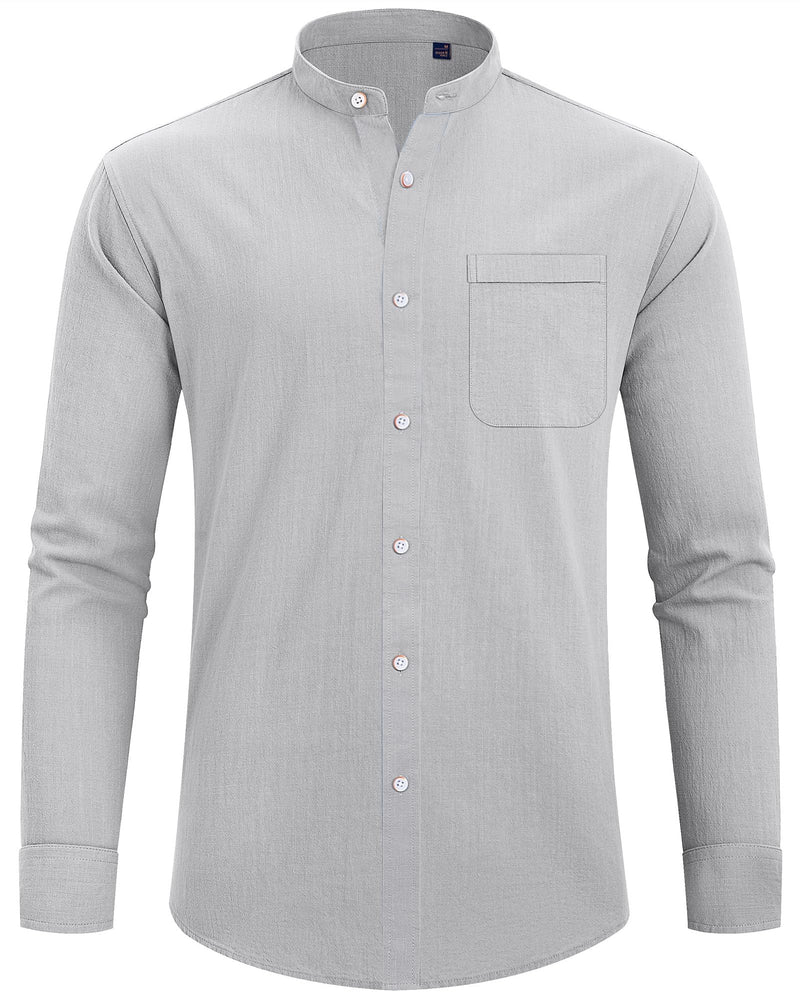 Cotton Linen Long Sleeve Casual Button Down Banded Collar Shirt