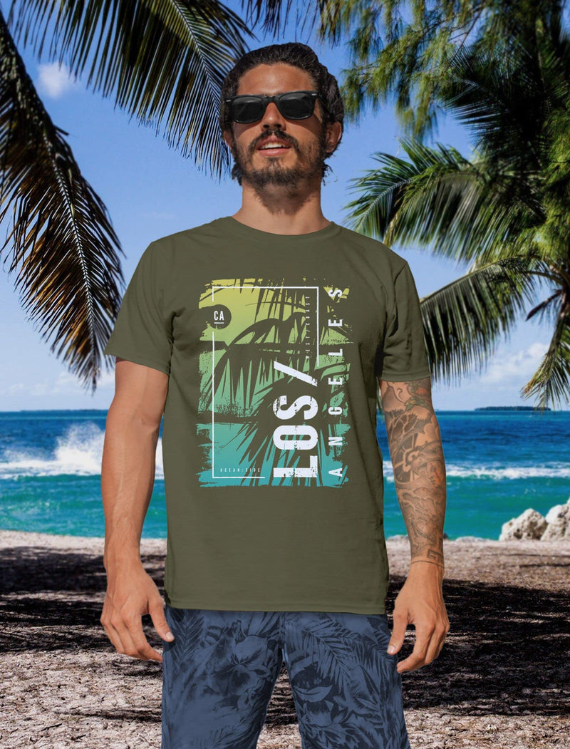 Ocean Side Summer Palm Trees Print Printed Fashion T-Shirt