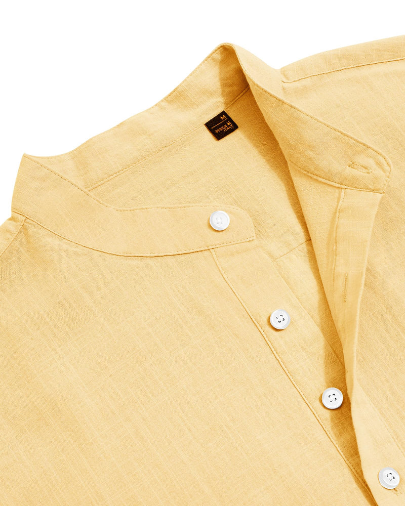 Cotton Linen Long Sleeve Casual Button Down Banded Collar Shirt