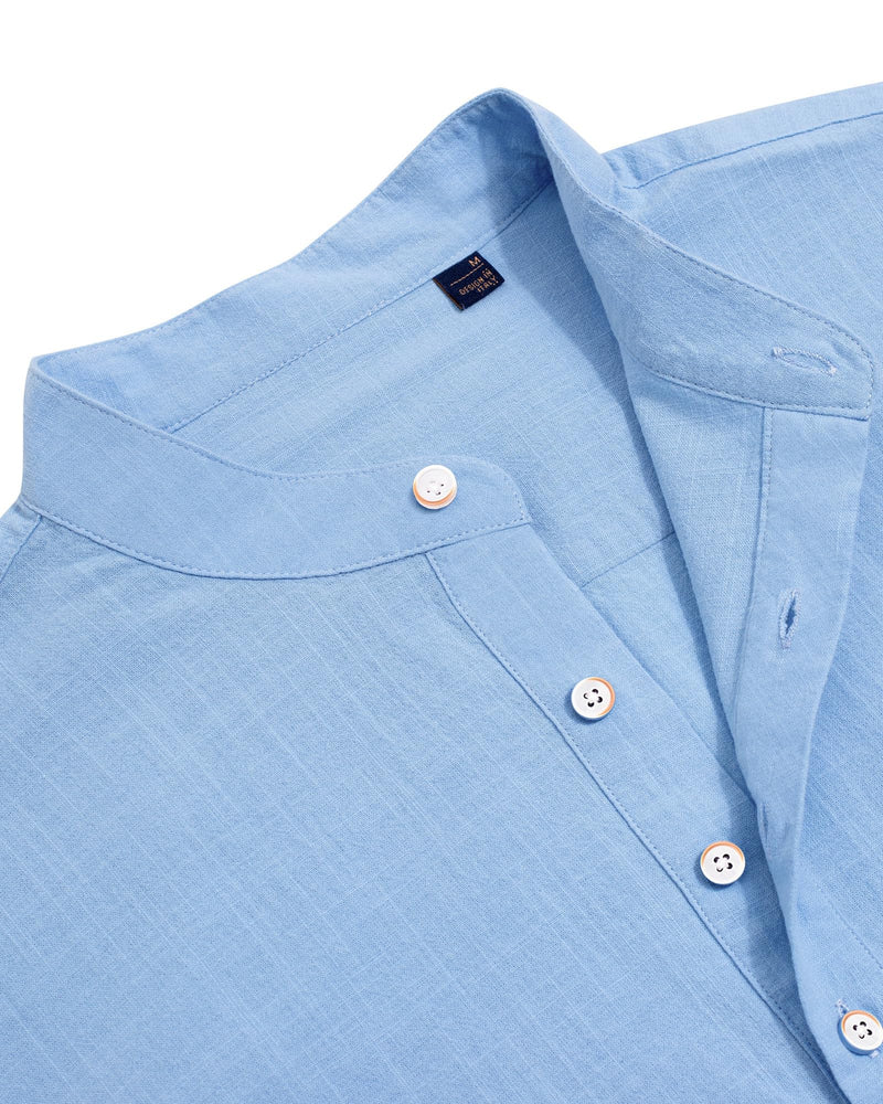 Cotton Linen Long Sleeve Casual Button Down Banded Collar Shirt