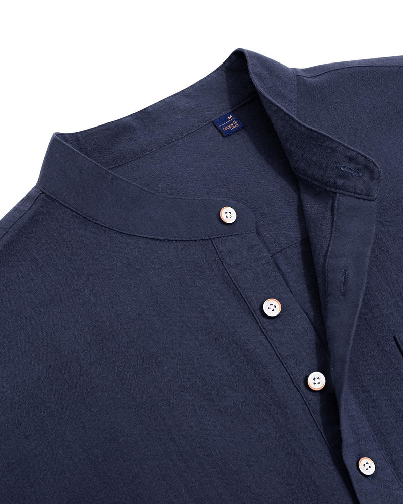 Cotton Linen Long Sleeve Casual Button Down Banded Collar Shirt