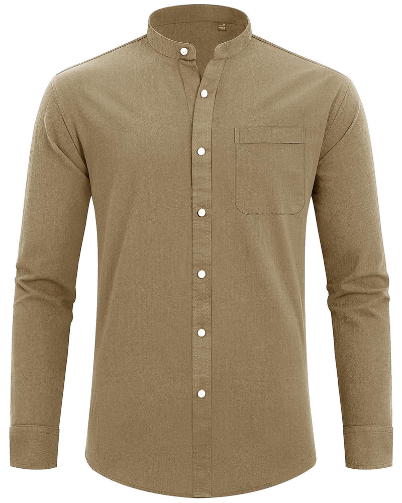 Cotton Linen Long Sleeve Casual Button Down Banded Collar Shirt